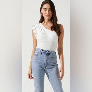 One Shoulder Ruffle Body Suit - White  NWT